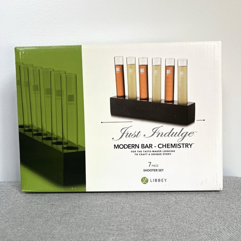 LIBBEY 7pc Test Tube Shot Glass Set Modern Bar Chemistry Just Indulge NIP